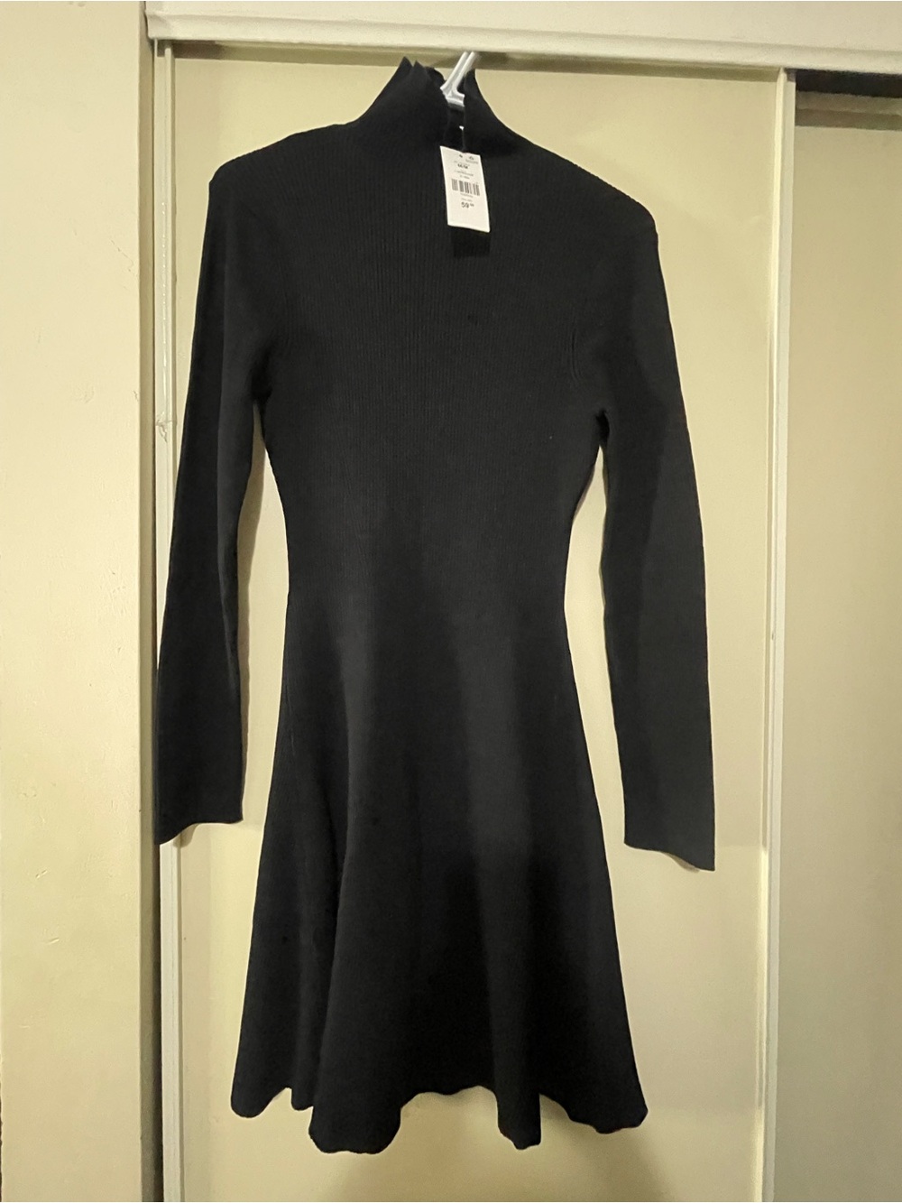 Flattering Black Long-Sleeve Mock Neck Fit-and-Flare Dress
